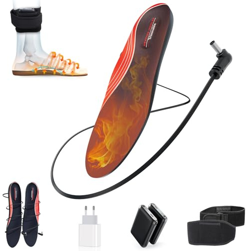 Semelle Chauffante, 5V Semelle Chauffante Rechargeable avec Batterie 6000 mAh, Contrôle par Batterie, 4 Réglages de Chauffage, Semelles Chauffantes pour Hommes Femmes - Ski Cyclisme Moto(L)