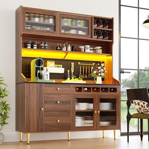 Armarios altos para salón, armario de cocina, armario de comedor, armario de salón con estantes ajustables, armarios con iluminación LED, cajón con estante para vino, 145 × 39 × 171 cm (color nogal)