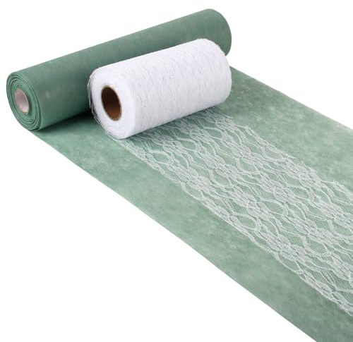 YUE QIN 30 cm × 25 m Vlies Tischläufer Eukalyptus Grün 15 cm × 22 m Weiß Tischläufer Spitze Dekoratives Tischband Tischdecke Rolle für Taufe Kommunion Konfirmation Hochzeit Geburtstag Freien