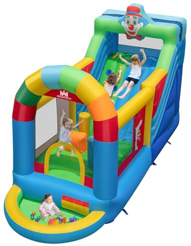 COSTWAY Château Gonflable sur Thème Clown avec Toboggan et Maison de Saut, Aire de Jeux Gonflable avec Mur d’Escalade et Piscine à Balles, 50 Balles, Intérieur Extérieur pour 3-10 Ans