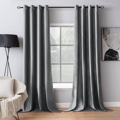MIULEE Grey Velvet Curtains for Bedroom 2 Panel Set 90 Inch Drop Curtains, Soft Elegent Home Decor Velvet Curtain Living Room, Sun Blocking Room Darkening Thermal Eyelet Curtain 46x90 Inch