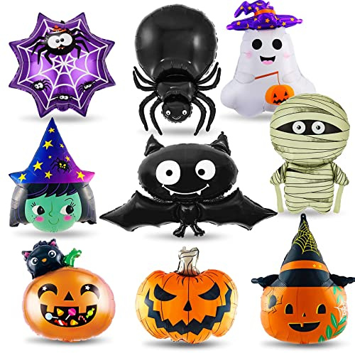 Folienballon Halloween, 9 Stück XXL Kürbis Hexe Geist Fledermaus Spinnweben Luftballon, Spinnen Riesenballon, Halloween Party Ballon für Kinder Geburtstag Dekorationen Zubehör Geschenk