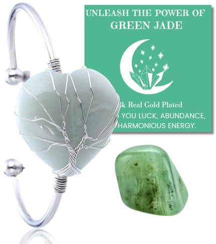 Halukakah Naturstein Kristallarmband - LUNARLIEBE - Handgefertigt Plattiert mit Platin Wickeldraht Lebensbaum, Grüne Jade Herz Form Anhänger Größenverstellbar