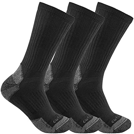 Carhartt Men's Midweight Cotton Blend Crew Sock 3 Pack, Black, Large