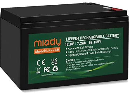 Miady 12V 7.2Ah LiFePo4 Deep Cycle Sealed Battery for UPS, Burglar Alarm, Chairlift, Fish Finder, Electric Scooter and etc. Rechargeable & Maintenance-Free