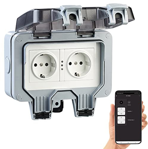Luminea Home Control Outdoor Steckdose WLAN: Outdoor-WLAN-Aufputz-Doppelsteckdose, Sprachbefehl, Strommessung, App (Steckdosen Smart, Zeitsteckdose außen, Weihnachtsbeleuchtung)