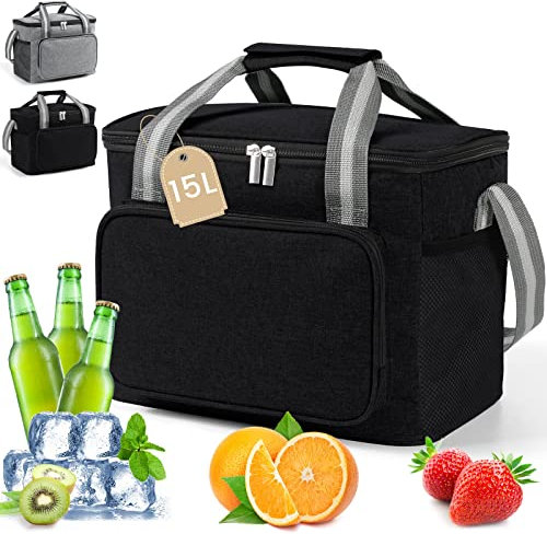 DUNSOO Kühltasche Klein 15L, Kleine Kuhltasche fur Unterwegs, Kuhltaschen Faltbar, Thermotasche für Picknick/BBQs/Camping/Ausflügen/Einkaufen/Auto, Schwarz
