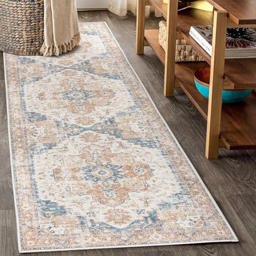 TOPICK Orange Läufer Flur Floral Teppich Waschbar Superdünne Vintage Blumenteppich Kurzflor Orientalischer Lang Küchenteppich Schlafzimmer Wohnzimmer Esszimmer Büro Faltbar Teppichläufer 60x300cm