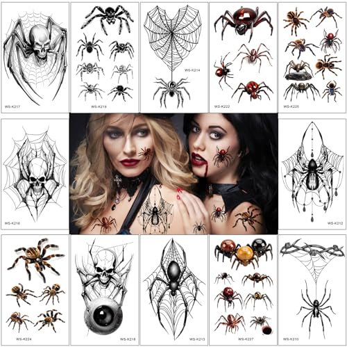 Tatouages ​​Temporaires Halloween, 12 Feuilles Araignée Autocollants de Tatouage vampire avec Accessoires Maquillage Adulte Enfant Effrayants et Sanglants Réalistes Décoration Costume Maquillage Fête