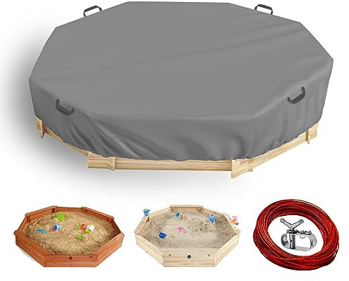 Wasserdichte achteckige Sandkasten-Abdeckung, verbessert, mit Drahtseil und Seilwinde, feste Erhöhung der Stabilität, für 213,4 x 198,1 x 22,9 cm Kinder Outdoor Holz-Sandkasten, Grau