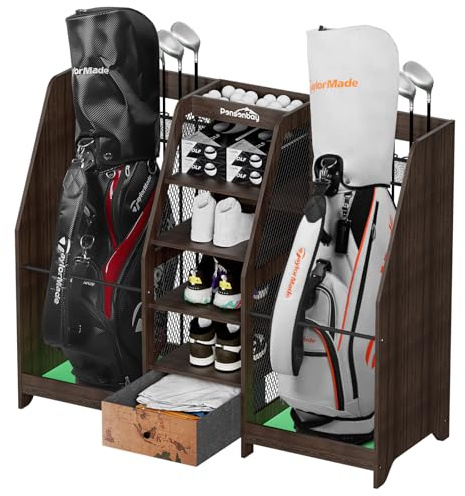 Ponsonbay Golf Bag Storage Organizer for Garage, Premium Wooden 2 Golf Bags Rack with Drawer, Easy Assemble Golf Club Stand/Holder Suitable for Garage Home Simulator and Office