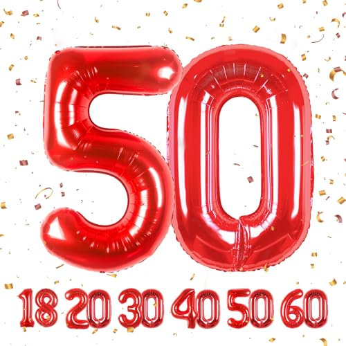 Palloncini Compleanno 50 anni Rosso -101 CM Palloncino Numero 50 Gonfiabile in Foil -Decorazioni Compleanno di un uomo donna- Vola con l'Elio