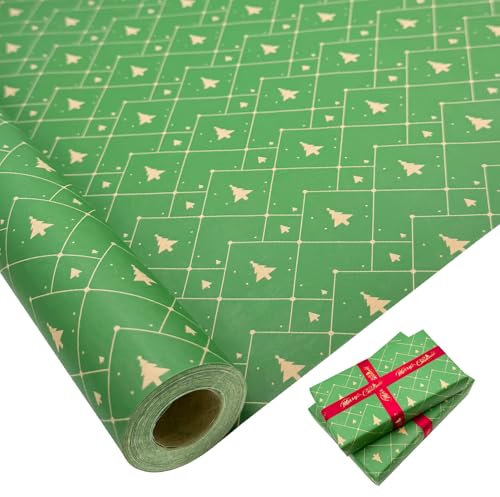 Große Geschenkpapierrolle: 76 cm x 15 m. Recycelbares Weihnachts-Kraftpapier mit Aufdruck und grünem Baum für Weihnachts-, Geburtstags-, Hochzeits- und Festgeschenkdekorationen.