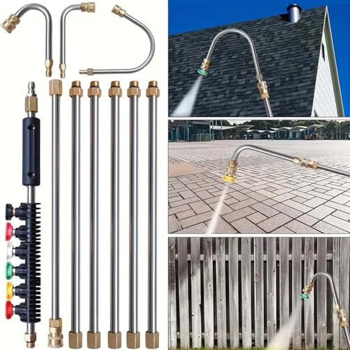 High Pressure Washer Wand Extension Set - 8 Feet,4000 PSI Gutter Cleaning Tool Rod, Roof Cleaner Lance with 6 Pcs Nozzle Tips, 10 Pcs Rubber Ring - for Gutters Roof Drains and Wall Cleaning