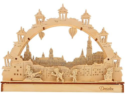 Beleuchteter Holz LED Schwibbogen als Bastelsatz, Bastelschwippogen, Schwibbogen zum selber bauen, Motiv: Canalettoblick Dresden, Batteriebetrieben, L/B/H 21 x 4,5 x 15 cm - Made in Germany -.