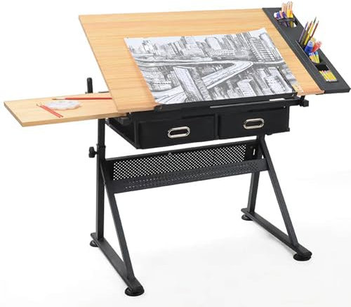 WJFTODAY Höhenverstellbarer Zeichentisch, Zeichenbretttisch/Studiertisch/Schreibtisch/Krech/Schreibtisch/Kreativschreibtisch, Neigbarer Basteltisch mit Stauraum, Geeignet für Home-Office-Zeichentisch