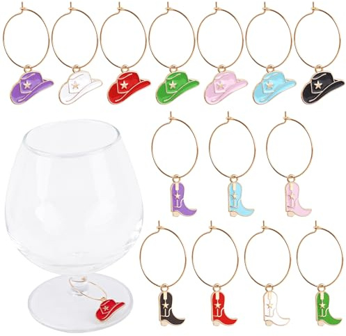 Framendino, 14 Pack Cowboy Boot and Hat Wine Glass Charms Western Pendant Marker Tags for Party