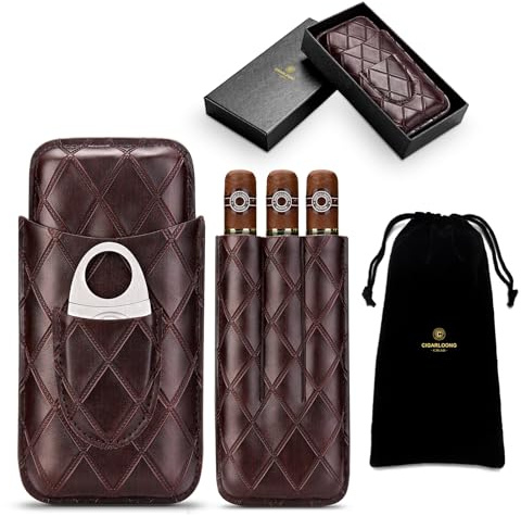 CLZOONG Zigarrenetui Leder Reise Humidor für 3 Röhren, Reise Zigarrenetui Tragbarer Zigarren Humidor Box mit Zigarrenschneider aus Edelstahl, Samttasche und Geschenkbox für Draußen, Kirschfarbe