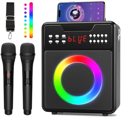 Máquina de karaoke para adultos y niños, máquina de karaoke portátil con 2 micrófonos inalámbricos, altavoz de karaoke con luces LED, soporta USB, entrada auxiliar, tarjeta TF para fiestas en casa y