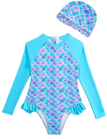 Maillot de bain générique 2026 pour fille à manches longues, dégradé de couleurs florales, jupe à volants amovible et bonnet de bain assorti, bleu ciel, 5-6 ans