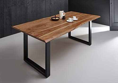 SAM Esstisch Quintana 200x100 cm Akazie Natur Baumkante Gestell schwarz | Baumkantentisch massiv, Akazienholz naturfarben, 35mm Tischplatte, Metallgestell