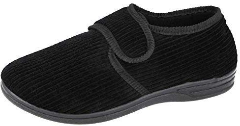 Jo&Joe Mens Tartan Cord Faux Suede Fleece Touch Close Strap Moccasin Slippers Size 6-12 (UK 10/ EU 44, Black)