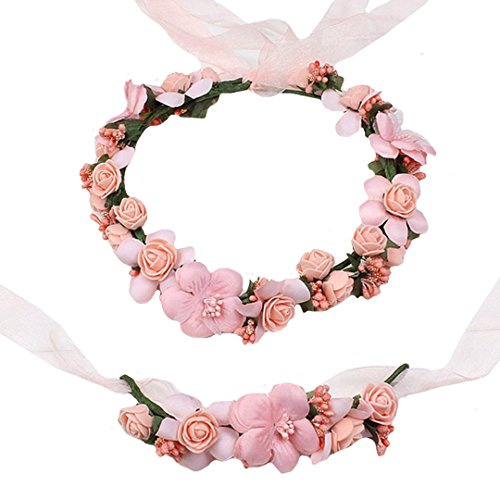 AiSi Blumenkranz mit Armband, Handgelenk Band Haarband Set, Stirnband Haarkranz Blumen Krone Boho Style für Festival Hochzeit Braut Brautjungfer Party