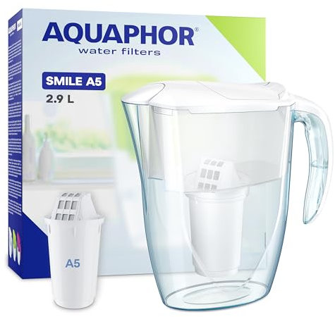 AQUAPHOR Jarra Filtrante de Agua Smile - 2.9L, Cabe en Puertas de Frigorífico, Ligera, Ahorra Espacio, Incluye 1 Filtro A5 de 350L, Reduce la Cal, Cloro y Microplásticos - Blanco