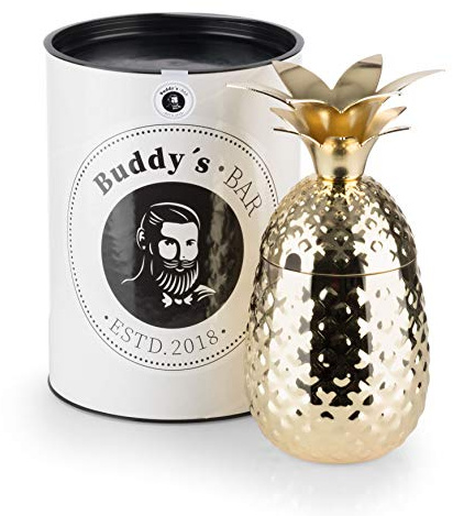 Buddy's Bar - 1 CocktailBecher, 450 ml, Pineapple Mug, hochwertiger Edelstahl, lebensmittelecht, Cocktail-Becher inkl. Geschenkbox, 1 Stück, Gold poliert
