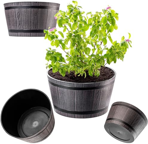 KADAX Macetero Decorativo de Plástico, Maceta Grande con Estilo Rústico de Barril de Madera para Jardín o Decoración Exterior (Marrón, 40 cm, Aprox. 25L)