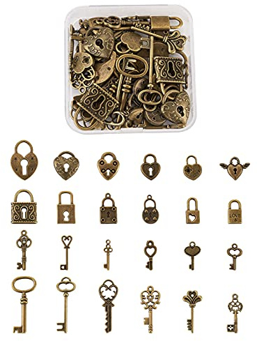 Cheriswelry Schlüsselschloss-Anhänger, tibetisches Vintage-Skelett, Schlüssel, Herz, Vorhängeschloss, Charms für Schmuckherstellung, Approximately 32.5mm (1.28 inches) long, 48 pieces, Bronze, Kein
