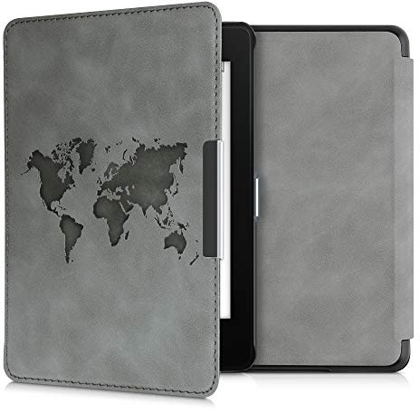 kwmobile Schutzhülle für Amazon Kindle Paperwhite (10. Gen - 2018) Hülle - eReader Case aus Kunstleder mit Auto Sleep Funktion - Travel Umriss mit Grau