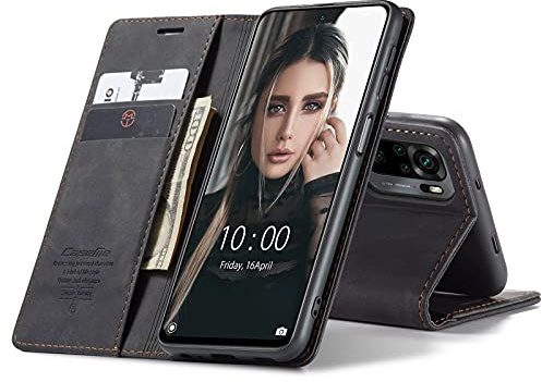 Chocoyi Schutzhülle aus Leder für Xiaomi Redmi Note 10 4G/Note 10S, Schutzhülle aus PU-Leder, Brieftasche, Magnetverschluss, Kartenfächer, Standfunktion, Schwarz