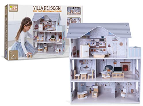 Teorema Giocattoli, Fatto di Legno – Villa dei Sogni, Grande Casa delle Bambole in Legno a 3 Piani con Mobili e Accessori, 69,5 x 62 x 27 cm, Gioco di Ruolo per Bambini