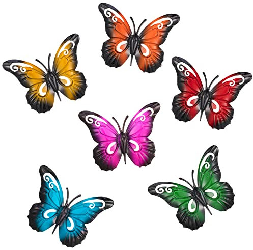 Dacitiery 6PCS Garden Butterfly Metal Wall Art Decorations Butterflies Sculptures Fence Ornaments (3.5 x 2.8 Inch, 6 Coloured)