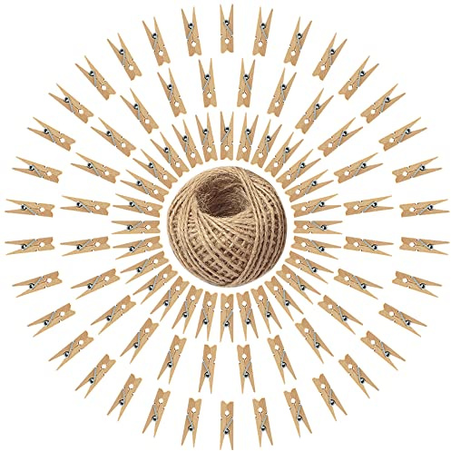 G2PLUS 100PCS Mini Wooden Pegs - 3.5cm Photo Display Clips - Tiny Clothes Pegs with 30 M Jute String for Arts & Crafts, Weddings & Events