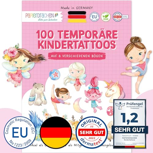 Papierdrachen 100 besonders hautfreundliche Kindertattoos - Tattoos Feen und Trolle - für Kinder - für Jungen und Mädchen - geprüft & made in Germany - Set 21