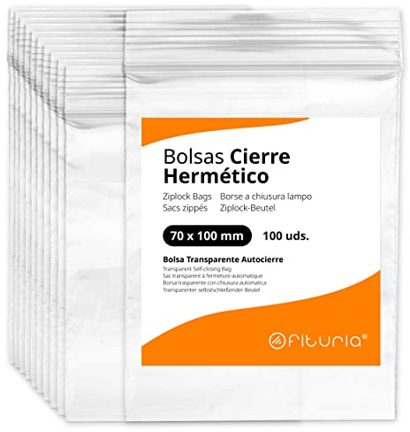Bolsas con Cierre Hermético de Plástico Transparentes Ideales para Congelar Alimentos, Guarda Documentos, Bolsas Reutilizables y de Conservación - Ofituria (100 Bolsas, 70 x 100 mm)