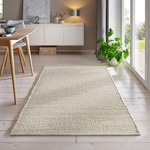 Handweb-Teppich aus Schurwolle in Skandinavischem Landhaus Design in vielen aktuellen Farben für Wohnzimmer, Esszimmer, Schlafzimmer, Flur, auch als Läufer beidseitig verwendbar weiß 250x340 cm