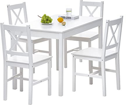 JINPALAY Esstisch mit 4 Stühlen Set Weiß Kiefer Holz Essgruppe 4er Set Esszimmerstühle mit Esstisch für Esszimmer, Küche, Wohnzimmer (Weiß)
