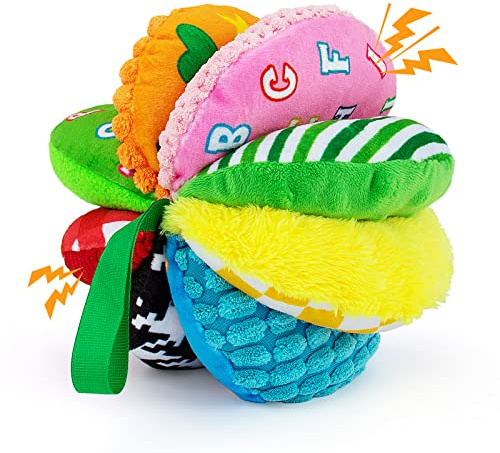 Textured Sensory Ball for Infant Babies,Soft Baby Ball Rainbow Fabric Learning Toys with Squeakers Crinkles Rattles, Newborn Infant Toys 0-3 Months for Tummy Time