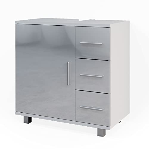 Vicco Waschbeckenunterschrank Ilias, Weiß Hochglanz, 60 x 60.8 cm | mit Siphonaussparung zur Installation am Waschtisch