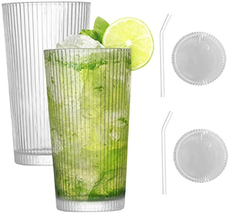 Yililay 2pcs Glasbecher mit Deckel und Strohhalm mit vertikal gestreiften Glas Kaffeetasse mit Stroh und Deckel Iced Coffee Tasse 375ml, Oligct