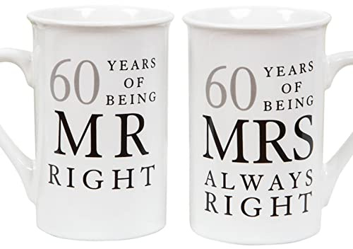 Widdle Gifts 60th Anniversary Set of 2 China Mugs 'Mr Right & Mrs Always Right' Diamond Anniversary