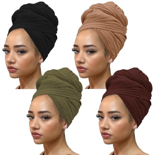 kachanaa Turbante africano avvolge la testa in jersey elasticizzato sciarpa per capelli lunghi scialli tinta unita morbido leggero fasce per la testa cravatta per donne nere, nero/cammello/verde