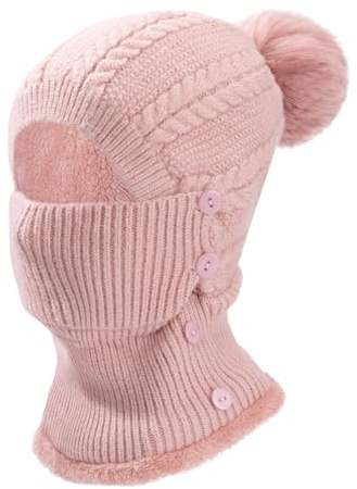 Heveer Wintermütze Damen Warm Strickmütze mit Halswärmer Haarball Verstellbare Gesichtsmaske Weichem Gefüttert Beanie für Outdoor Rosa