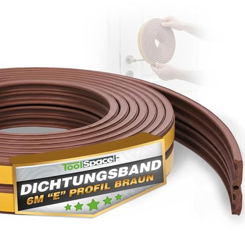ToolSpace Türdichtung Selbstklebend Dichtungsband Dichtungsgummi Door Sealing Strip E Profil Braun Gummidichtung für Fenster & Türen 6M Fensterdichtung Anti-Kollision Gummi Schaum Schaumstoffband