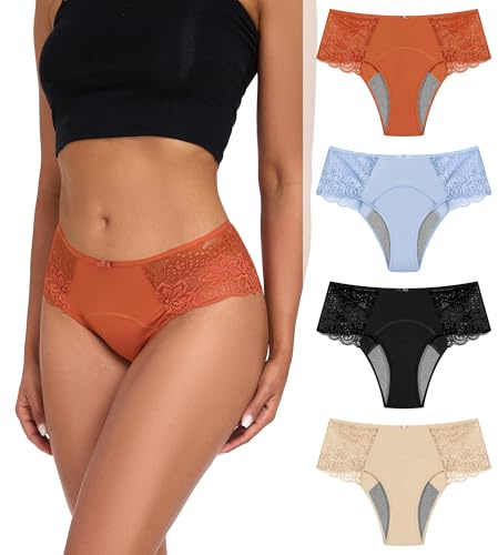 Intiflower Periodenunterwäsche für Frauen Auslaufsichere Periodenhöschen Spitze Menstruationsunterwäsche Atmungsaktiv & Weich, 4 Mittlere Taille Nackt+schwarz+orange+blau, M