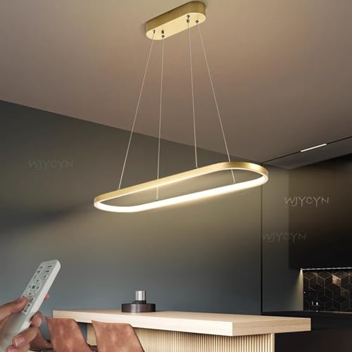 WJYCYN Dimmbar Oval LED Kronleuchter Pendelleuchte moderner Esstisch Büro mit Fernbedienung ring Hängelampe höhenverstellbar Blendfreesszimmer Arbeitszimmer Wohnzimmer Kücheleuchte B:Gold L100cm 45W