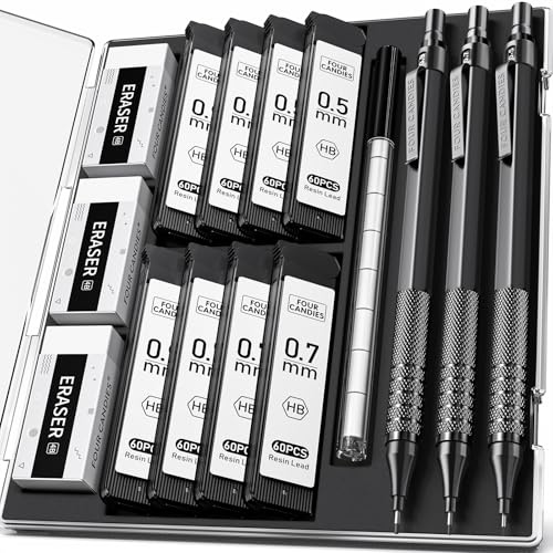 Four Candies Metall-Druckbleistift-Set, 3-teiliges Künstlerbleistift 0,5 mm & 0,7 mm & 0,9 mm mit 480 HB-Minenminen, 3 Radiergummis, 9 Radiergummi-Nachfüllungen Ingenieure, Kunst, Zeichnen, Schwarz